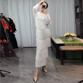 Miyake, осеннее новое женское платье, облегающее плиссированное платье с бахромой, элегантное летнее платье-майкс с длинными рукавами