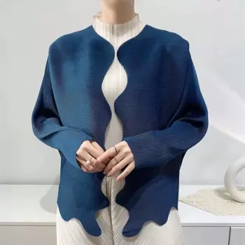 Miyake плиссированный тонкий кардиган для женщин 2024, весна и лето Y2K, элегантная однотонная куртка с длинными рукавами и нерегулярной планкой