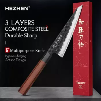 Многоцелевой нож HEZHEN 6 дюймов, трехслойный композитный стальной нож из нержавеющей стали с ручкой из красной древесины, кухонные ножи для готовки