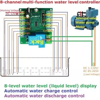 Многофункциональный контроллер уровня воды eletechsup LC5BF08 12В 30А 8 уровней