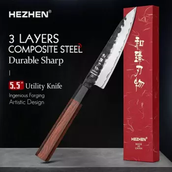 Многофункциональный нож HEZHEN 5,5 дюймов, кухонные ножи из нержавеющей стали для приготовления пищи, рукоятка из розового дерева с подарочной коробкой, трехслойная композитная сталь