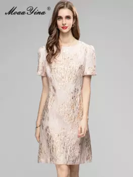 MoaaYina, летнее модное дизайнерское бежевое винтажное вечерние платье, женское короткое жаккардовое платье с круглым вырезом и блестками