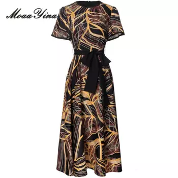 MoaaYina осеннее модное дизайнерское винтажное платье с принтом вечерние Женское облегающее длинное платье с круглым вырезом и коротким рукавом