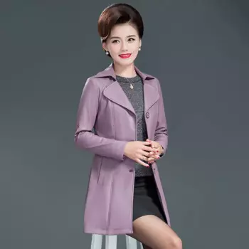 Мода среднего возраста женщин осенью и зимой длинный раздел талии тонкий большой размер кожаная куртка утолщение PU кожаная куртка