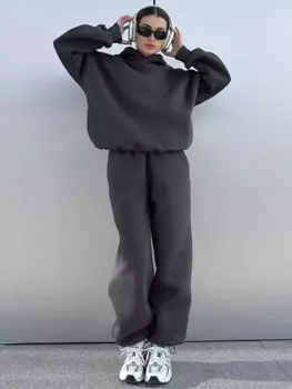 Модель 2024 года, женский осенне-зимний однотонный плотный спортивный костюм muмароho, костюмы, комплект из 2 предметов большого размера, спортивный костюм и брюки для женщин