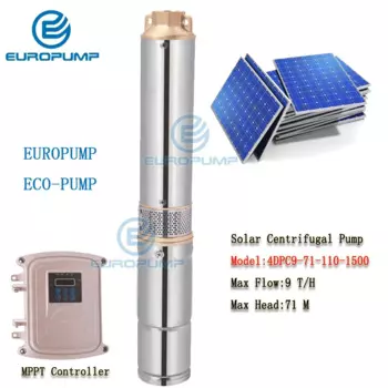 Модель EUROPUMP (4DPC9-71-110-1500) 4-дюймовый солнечный насос 110 В 1500 Вт 2HP Bomba для сельскохозяйственного орошения с максимальным потоком 9 т/ч, головной насос 71 м