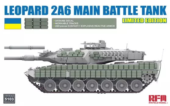 Модель Ryefield 1/35, модель резервуара, модель Leopard2A6, основной боевой танк, черная версия с 200 взрывозащищенным реактивным армированием