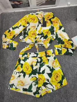 Модная элегантная рубашка с принтом, блузка с круглым вырезом и короткими рукавами, широкие шорты с высокой талией, женский костюм-двойка, новое лето.