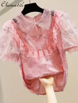 Модная элегантная рубашка во французском стиле с вышивкой из тяжелых бусин Новинка Лето 2024 Милая кружевная блузка с пышными рукавами женский топ