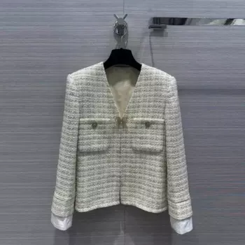 Модная бежевая клетчатая Женская Блестящая куртка с V-образным вырезом, брошь в виде бабочки с бриллиантами, Милый Винтажный приталенный жакет с карманами и длинным рукавом