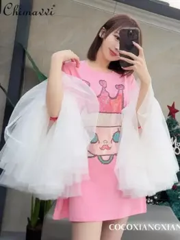 Модная брендовая популярная сетчатая футболка со стразами и мультяшной строчкой, женский топ 2023, весна-лето, свободная футболка с пышными рукавами-колокольчиками, платье