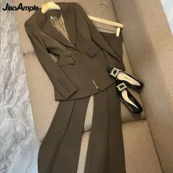 Модная деловая одежда, офисный Женский блейзер, расклешенные брюки, комплект из двух предметов, корейский женский облегающий костюм, куртка, расклешенные брюки, наряды 2022