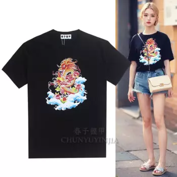 Модная дизайнерская футболка Chun yu yin jia с изображением китайского облака и дракона, 3D печать, с коротким рукавом, черная футболка для женщин