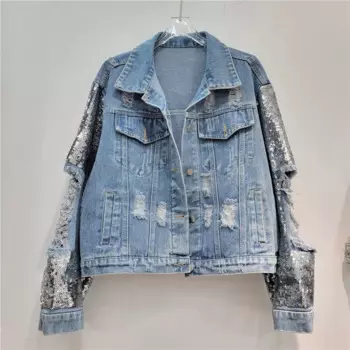 Модная джинсовая куртка с длинными рукавами и блестками в стиле пэчворк, женская синяя, черная повседневная свободная весенняя новая женская джинсовая куртка, уличная одежда