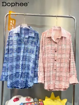 Модная Изысканная клетчатая рубашка для женщин 2024 Ранняя весна новая однобортная рубашка с воротником-поло Повседневная куртка