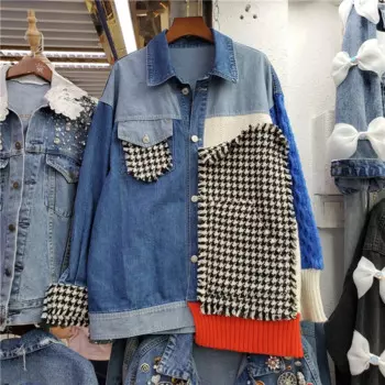 Модная клетчатая куртка с узором «гусиные лапки» и вязаными рукавами контрастного цвета, весенняя женская свободная джинсовая куртка с длинными рукавами и лацканами