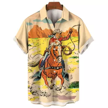 Модная Ковбойская Мужская рубашка, ковбойская блузка с 3d принтом для мужчин, классический винтажный топ с короткими рукавами, футболка, Мужская блузка оверсайз