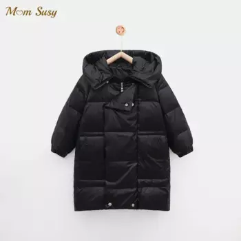 Модная куртка с капюшоном на утином пуху для маленьких мальчиков и девочек зимнее Детское пальто длинная теплая верхняя одежда, однотонная длинная свободная детская одежда От 3 до 12 лет