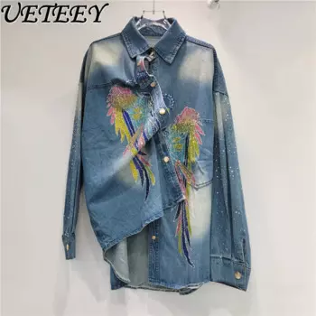 Модная модная женская джинсовая рубашка с длинным рукавом и вышивкой