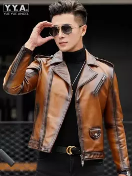 Модная мужская куртка из натуральной воловьей кожи облегающее короткое стильное байкерское мотоциклетное ветрозащитное пальто винтажная Мужская осенняя куртка из натуральной кожи