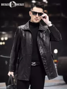 Модная мужская куртка средней длины из вощеной воловьей кожи, деловое повседневное пальто для работы, осенняя мотоциклетная ветрозащитная Роскошная куртка из натуральной кожи