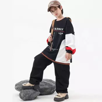 Модная одежда для мальчиков, наряд в стиле хип-хоп, свитшот с длинным рукавом и буквенным принтом в стиле пэчворк, черные штаны для бега, танцевальный костюм Kpop