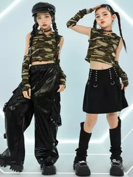 Модная одежда Kpop для девочек, камуфляжные топы, черные кожаные брюки, одежда для чарлидинга, танцевальный костюм в стиле хип-хоп, крутой костюм BL13388