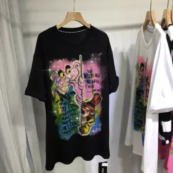 Модная популярная женская футболка с мультяшным принтом, блестящий градиент, Свободный пуловер средней длины с круглым вырезом, универсальные хлопковые футболки с коротким рукавом