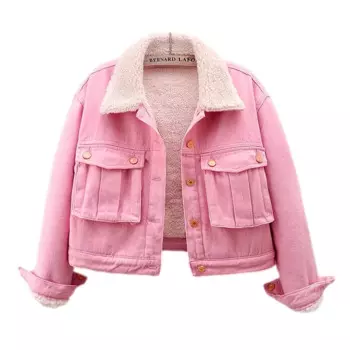 Модная розовая джинсовая куртка для женщин, Зимняя Толстая ковбойская верхняя одежда с подкладкой из овечьей шерсти и большими карманами, Корейская свободная короткая джинсовая куртка для женщин