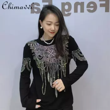 Модная рубашка с длинным рукавом и стразами, осенняя облегающая футболка с длинным рукавом и круглым вырезом