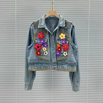 Модная синяя джинсовая куртка с заклепками и цветами из бисера, женская повседневная короткая ковбойская куртка, весенняя новая джинсовая куртка с длинными рукавами и лацканами
