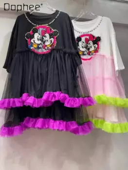 Модная свободная футболка средней длины со стразами и принтом из мультфильмов, женское летнее короткое платье с прострочкой и пышным сетчатым принтом