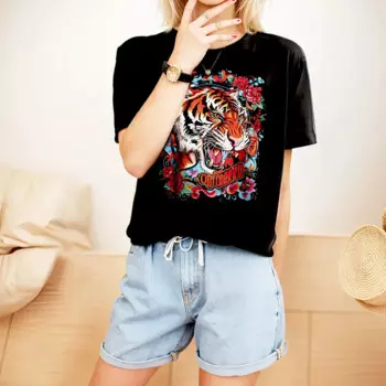 Модная Высококачественная уличная дизайнерская шикарная футболка Chun yu yin jia с 3D принтом тигра розы Черная футболка для женщин футболка с коротким рукавом