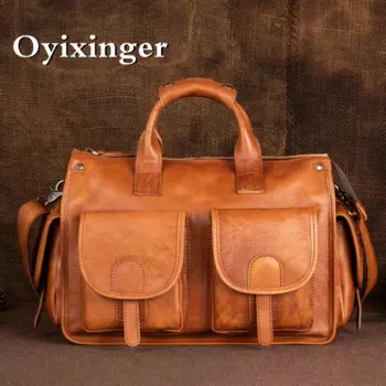 Модная винтажная мужская дорожная сумка OYIXINGER из натуральной кожи, новая однотонная сумка через плечо из воловьей кожи, роскошная вместительная сумка