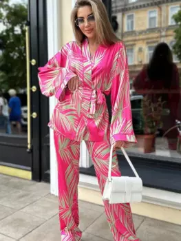 Модная женская домашняя одежда HiLoc, комплект из 2 предметов, одежда для сна с длинным рукавом и принтом, женские свободные брюки, костюмы, летняя Пижама 2024