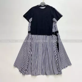 Модная женская одежда 2024, новое свободное платье с круглым вырезом в полоску контрастного цвета, с короткими рукавами, нерегулярное свободное платье