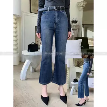 Модная женская одежда Новинка Осень 2024 синие узкие эластичные джинсы-клеш с высокой талией в стиле ретро