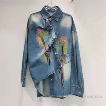 Модная женская Повседневная джинсовая рубашка с длинными рукавами и вышивкой
