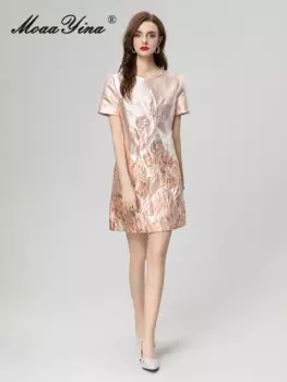 Модное дизайнерское платье MoaaYina, весеннее женское платье, винтажные элегантные платья с цветочной вышивкой, жаккардовые платья мини с круглым вырезом