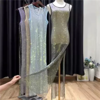 Модное Длинное Платье-майка с разрезом и яркими стразами, элегантное облегающее вечернее платье для вечеринки, дня рождения