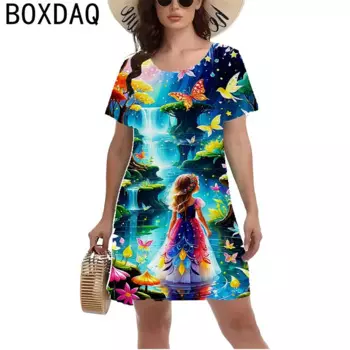 Модное красивое милое платье для девочки с 3D рисунком цветного леса, мини-платье, женские летние повседневные платья с коротким рукавом и круглым вырезом