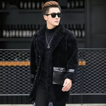 Модное Новое мужское пальто с овчиной, кожаные карманы, деловое Мужское пальто средней длины с мехом ягненка, осенне-зимняя шерстяная куртка из натурального меха
