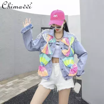 Модное однобортное прямое свободное повседневное короткое джинсовое пальто с блестками и бантом для тяжелой промышленности, джинсовая куртка, женская осенняя куртка