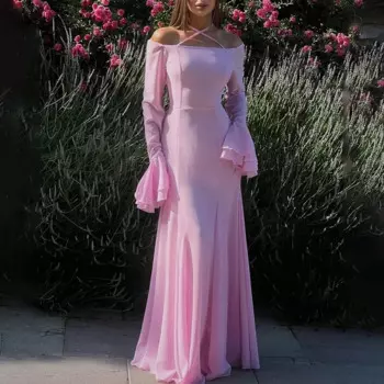 Модное плиссированное платье с открытыми плечами и высокой талией, женское элегантное однотонное длинное платье на шнуровке, 2024, новое осеннее платье с расклешенными рукавами и лямкой на шее