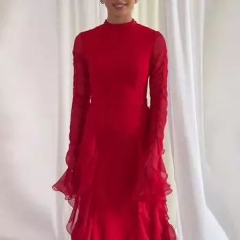 Модное приталенное вечернее платье, элегантное шифоновое платье с круглым вырезом и высокой талией, женское повседневное однотонное длинное платье с расклешенным рукавом