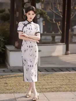 Модное шифоновое винтажное элегантное платье Chongsam в китайском стиле женское платье с цветочным принтом