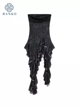 Модное тонкое платье в американском стиле без бретелек, летнее женское сексуальное цельное платье с оборками и асимметричным подолом