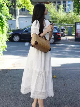 Модное высококачественное женское платье-трапеция с вышивкой на весну и лето, элегантное милое длинное ажурное платье с пышным рукавом и V-образным вырезом