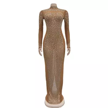 Модное женское однотонное Сетчатое платье со стразами для дня рождения, длинное платье с длинным рукавом для выпускного вечера, элегантный сексуальный костюм для сцены