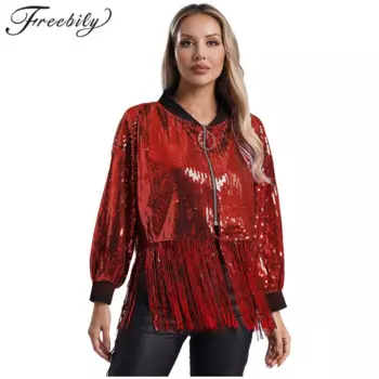 Модное женское пальто с блестками, Женская куртка на молнии с бахромой, верхняя одежда для ночного клуба, бара, сцены, танцев, карнавала, вечеринки, костюм